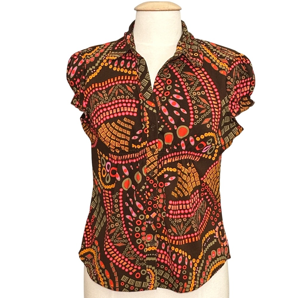VTG Y2K Womens Top L Brown Colorful Geometric Babydoll Retro Eclectic Funky Mod